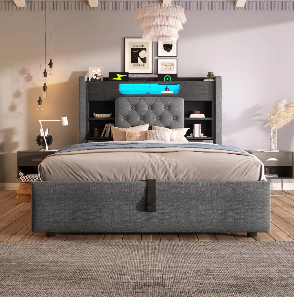 Letto imbottito ULEVR 90x200 cm con contenitore idraulico, LED, USB e Type-C, testiera con ripiani, grigio