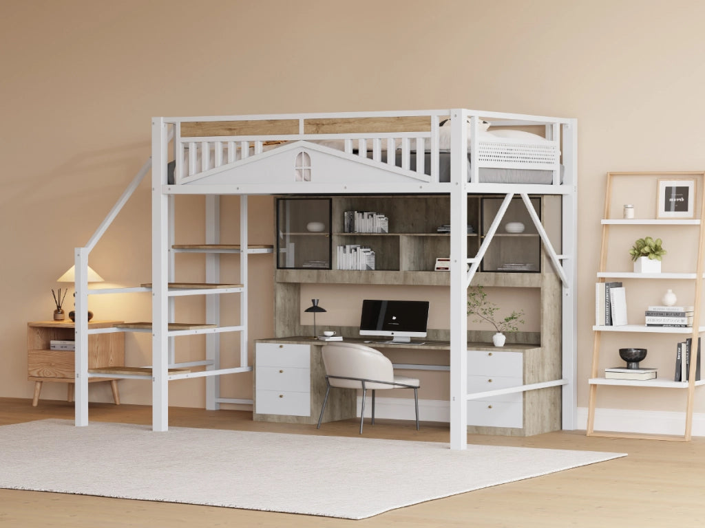 Letto a castello metallo e legno bianco con scala di sicurezza e spazio di stoccaggio 140x200 cm