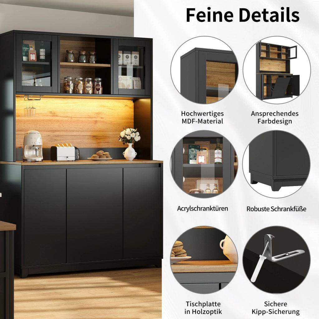 CREDENZA da Cucina 120x40x180 cm con LED e Ante in Acrilico Nera MDF Metallo