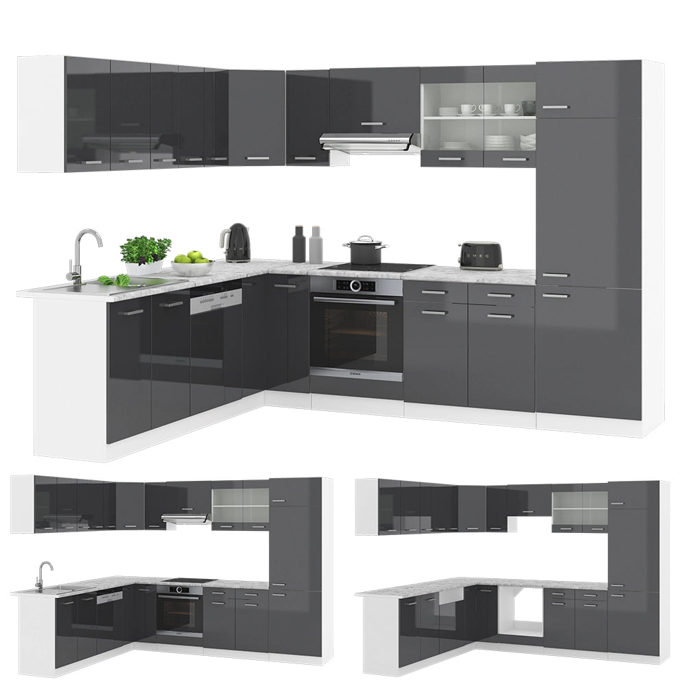 Cucina angolare completa R-Line Antracite lucido/Bianco 287 x 227 cm, PL Antracite Vicco