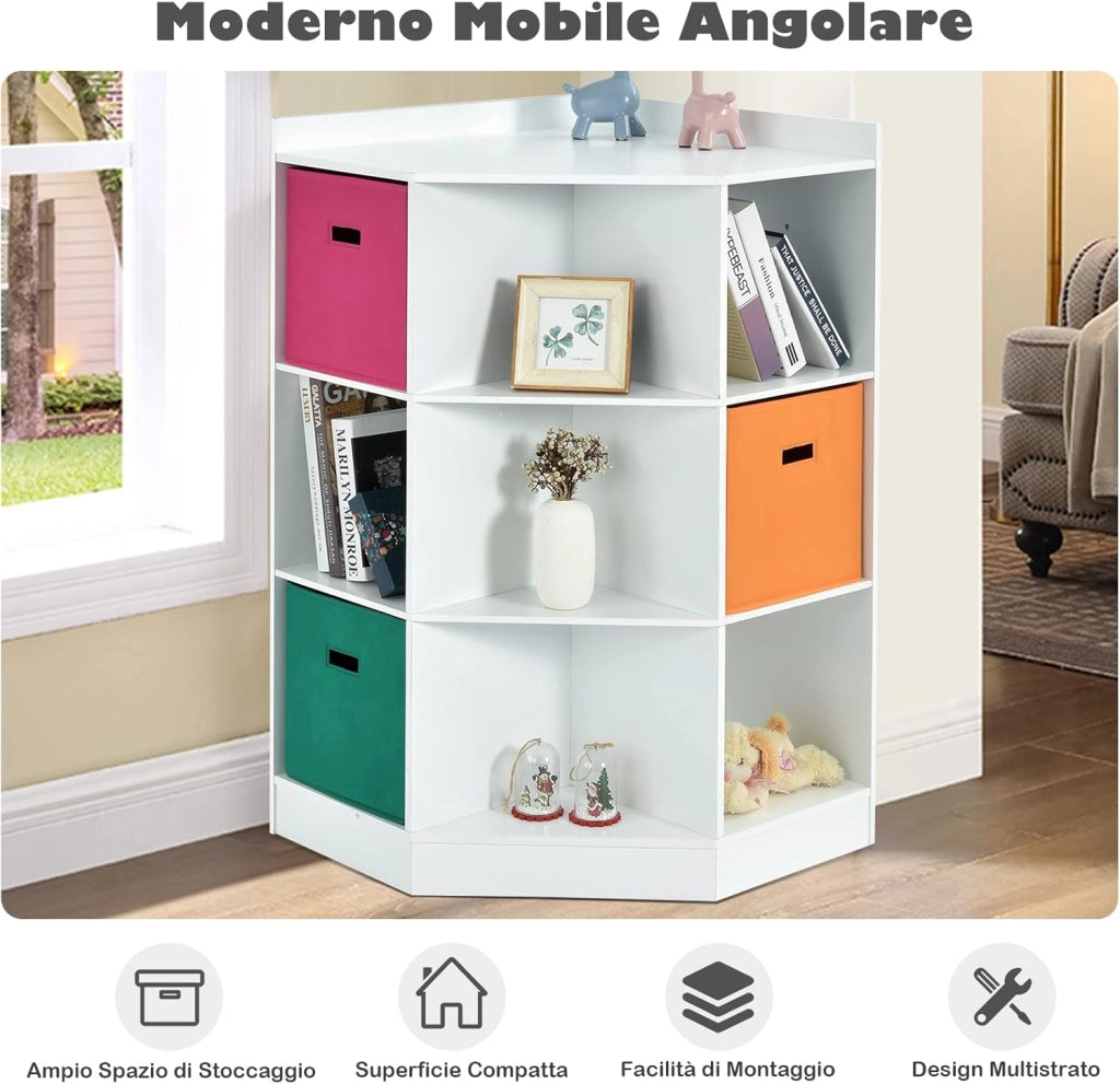 Scaffale Angolare, Scaffale ad Angolo con Tre Cestini Colorati e 9 Ripiani, per Casa, Soggiorno e Camera da Letto, 81x 61 x 94cm (Bianco)