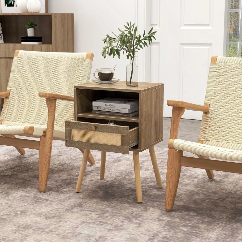 Comodino, comodino con cassetto in rattan e ripiano aperto, tavolino con gambe in legno massello, comodino in stile boho, per camera da letto, soggiorno, 40 x 30 x 60,5 cm