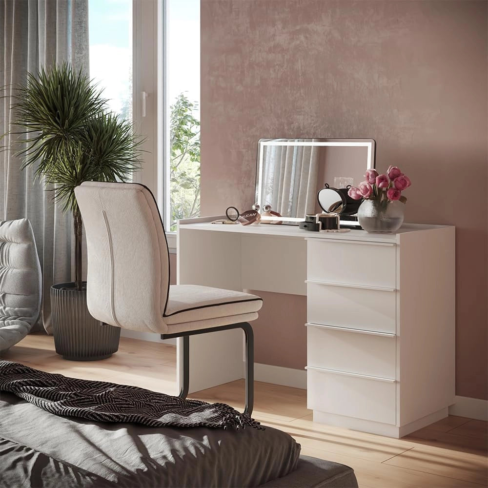 Tavolo da toeletta Viktoria, Bianco, 110 cm con 4 cassetti, porta un tocco moderno all’ambiente
