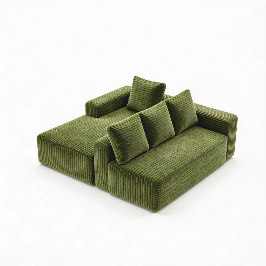 Divano modulare con chaise longue e seduta profonda; in velluto a coste verde 261×168×58 cm