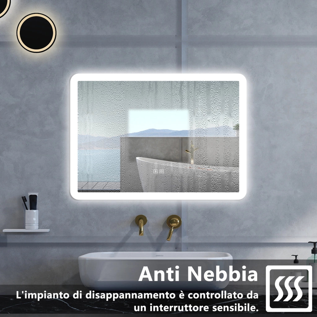 Specchio da bagno Rettangolare con 80x60cm,Blue tooth,3 colori,Memoria, Antifog,Regorabile,Retroilluminato,doppio interruttore,