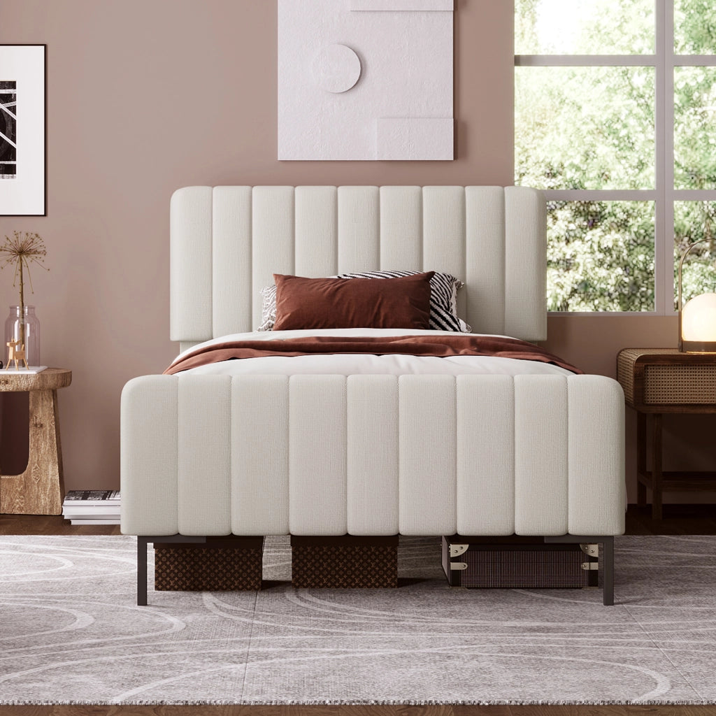 Letto singolo imbottito – 90x200 cm – testiera regolabile rete – lino grigiobeige