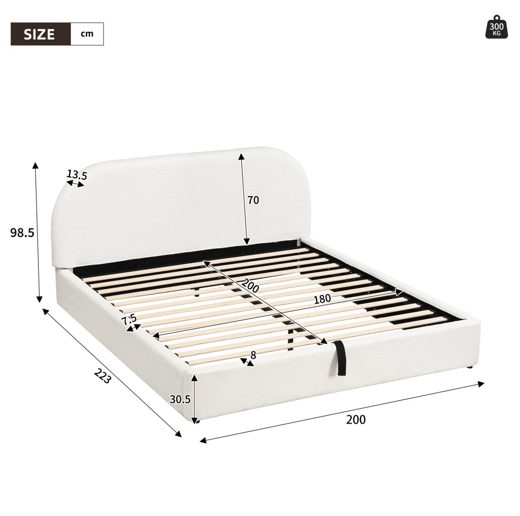 Letto imbottito con contenitore idraulico in bouclé beige