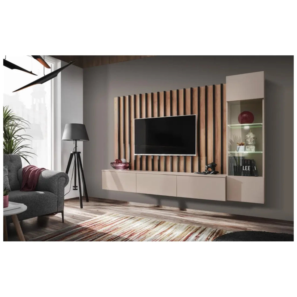 Composizione murale TASHYA – Mobile TV, vetrina sospesa e pannello murale – Rovere Artigiano e bianco sabbia
