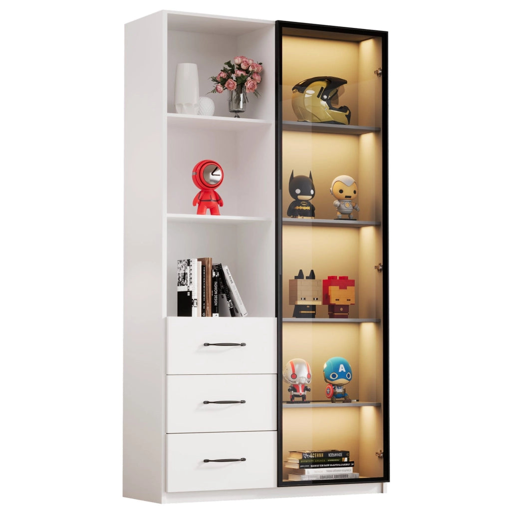 Vetrina LED 80 x 40 x 160 cm con 3 cassetti; 3 ripiani aperti e anta in vetro; bianco