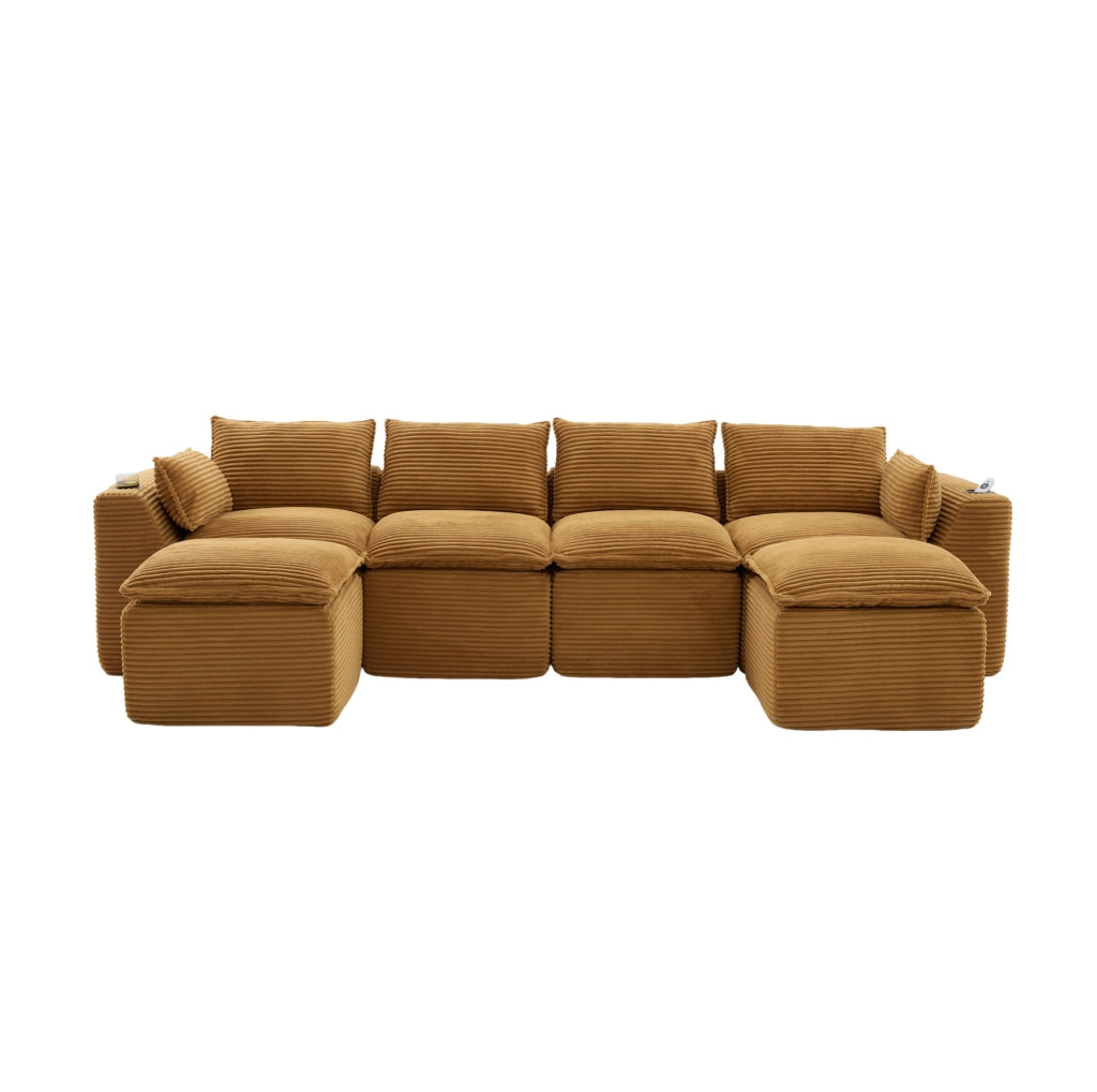 Divano modulare in velluto a coste arancione con tasche laterali; cuscini; 322x161x75 cm