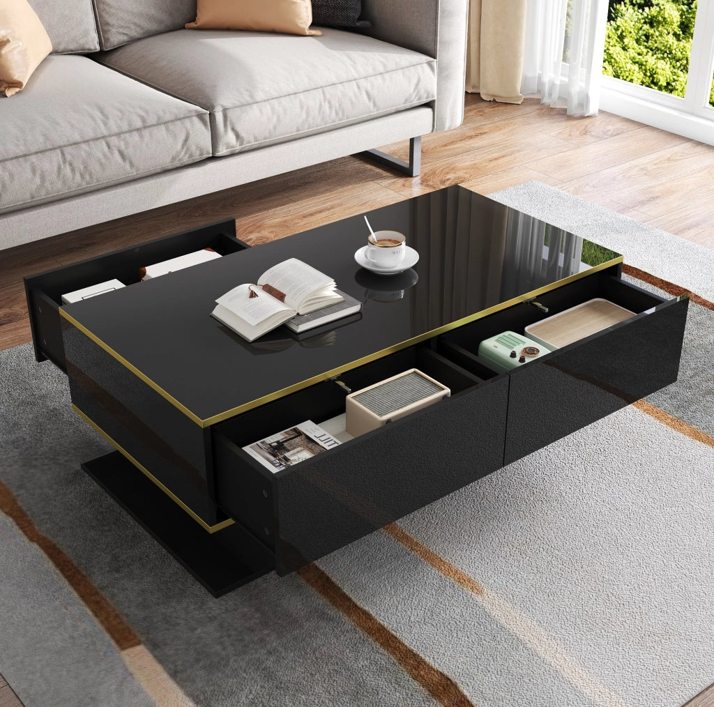 Tavolino da caffè moderno 100x50x40 cm nero con finiture oro, 3 cassetti e striscia LED USB