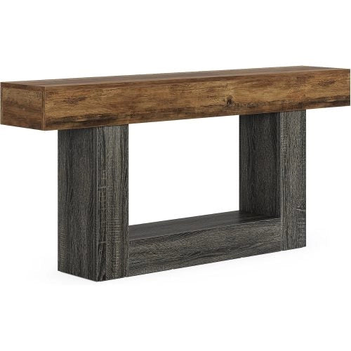 Consolle in MDF con base a U e ripiano inferiore stile rustico grigio e marrone per soggiorno e ingresso 160 cm