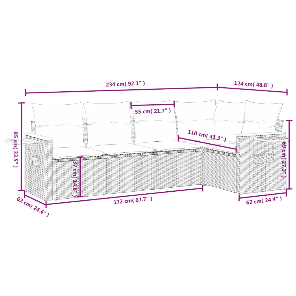 Set Divano da Giardino 5 pz con Cuscini Grigio in Polyrattan