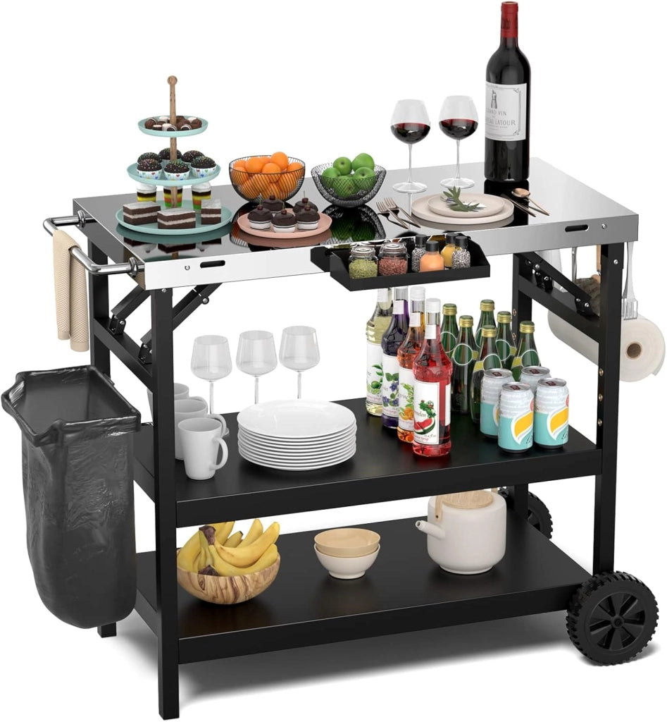 Carrello Barbecue da Esterno con 3 Ripiani, Carrello da Cucina Esterno con Ripiano Regolabile, Carrello Multifunzionale per Esterno, Struttura in metallo