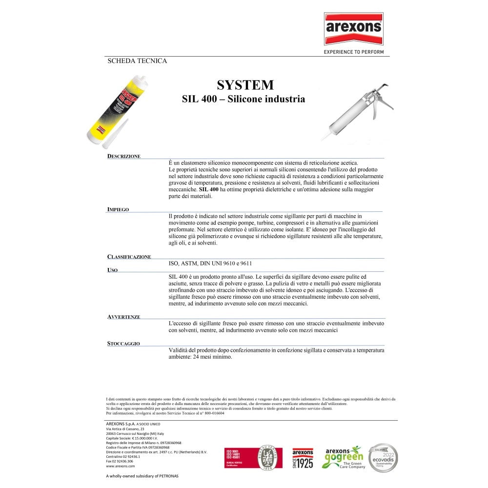 Arexons 310ml silicone acetico industria sil400 alta temperatura trasparente