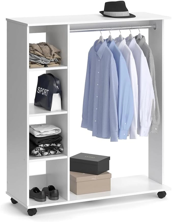 Armadio da ingresso Cosmo, Bianco, 110 x 129.4 cm, con ripiani aperti e ruote per un utilizzo flessibile