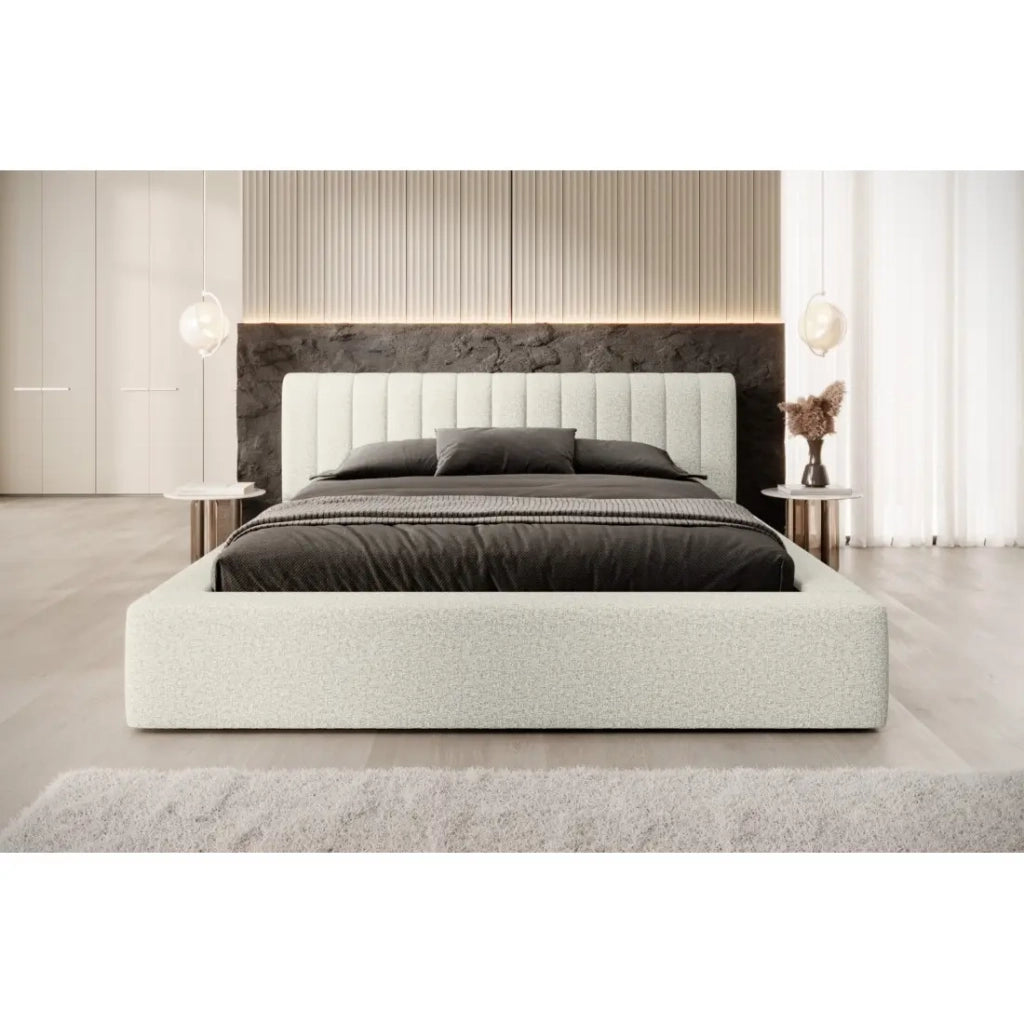 Letto contenitore CERVIN - Grigio Lino naturale bouclé - 180x200 cm - Rete sollevabile - Design di alta gamma