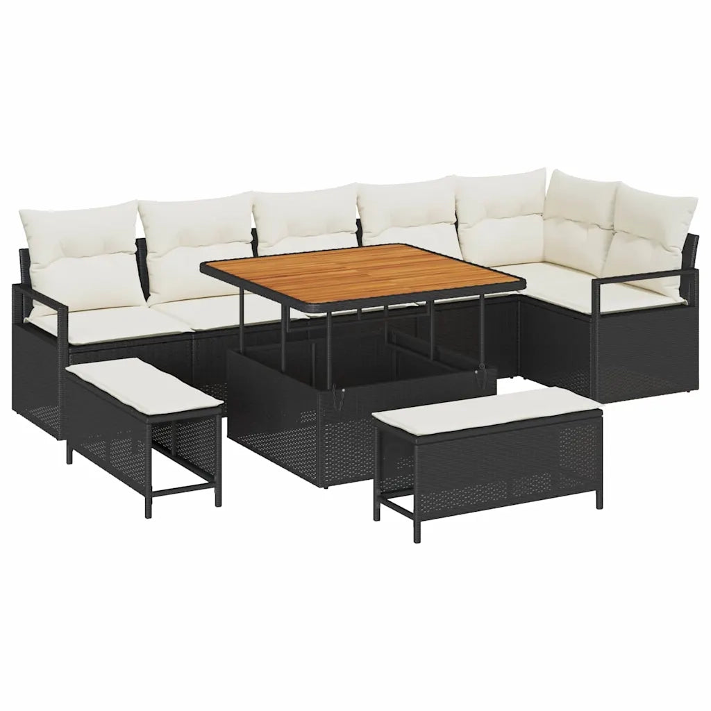 Set Divano da Giardino con cuscino 9 pcs Nero e Crema
