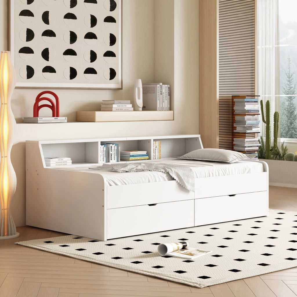 LETTO Daybed 90x200 cm con 2 cassetti e vani contenitore Bianco
