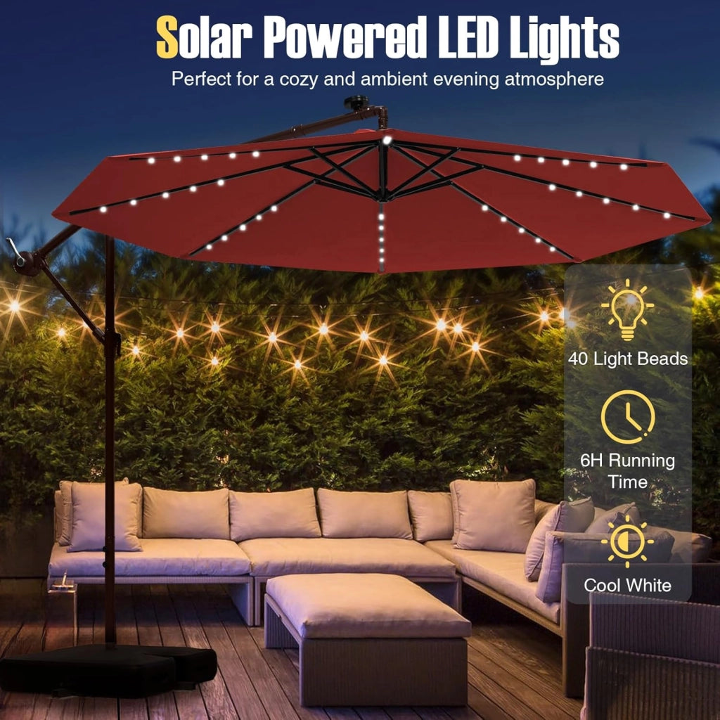 Ombrellone da Giardino con LED e Pannello Solare, Ombrellone Parasole con Sacchi di Sabbia, Anti UV, Impermeabile, Regolabile ad Angolo, Ombrellone da Giardino 3x3 con Manovella