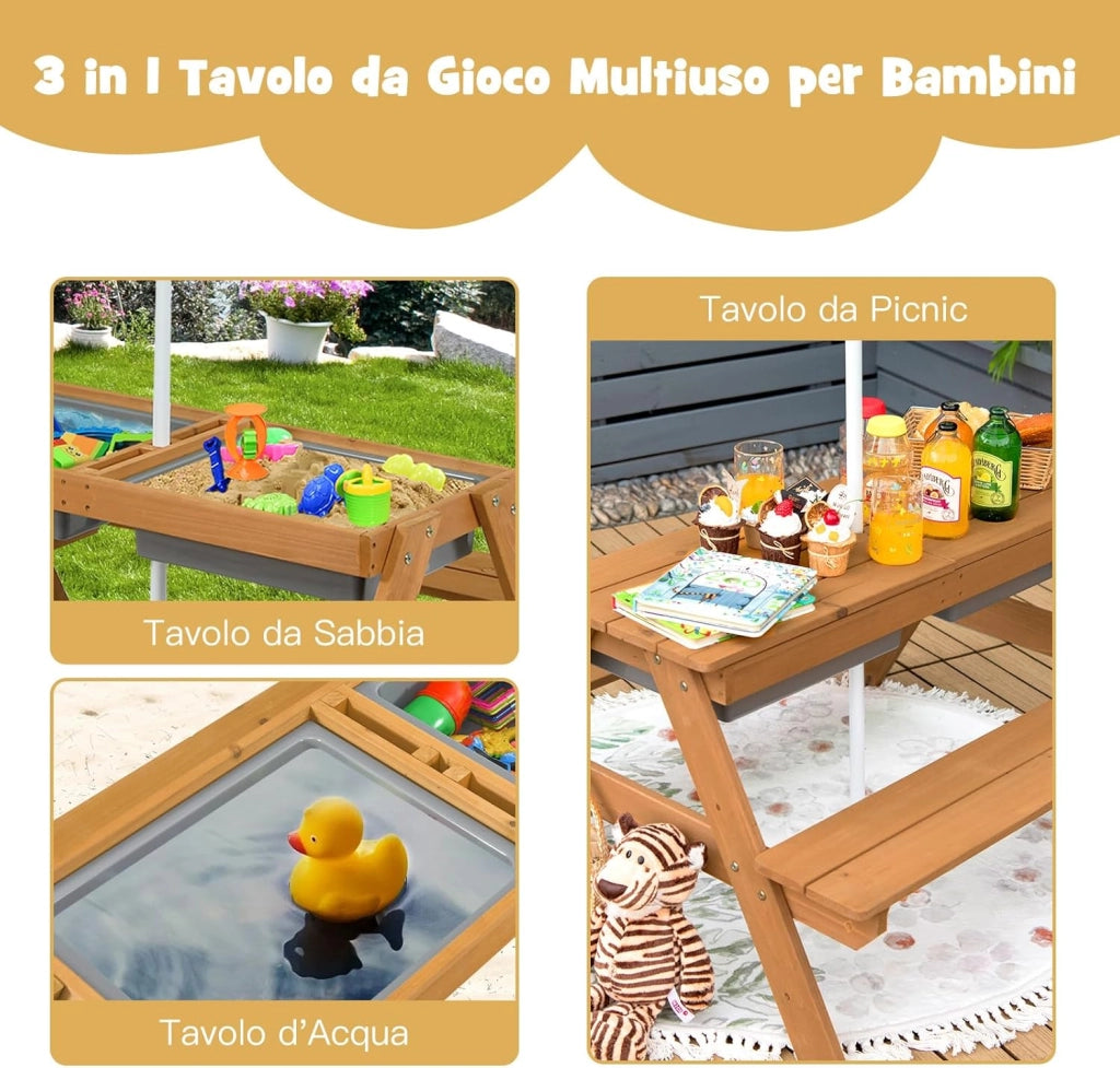 Set Tavolo e Sedie per Bambini da Giardino 3 in 1, con Ombrellone Rimovibile e Regolabile, Piano Rimovibile, Tavolo con Panche in Legno per Bambini da Interno Esterno (Verde e Bianco)