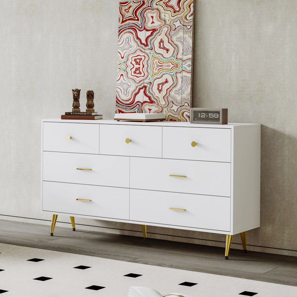 Sideboard con 7 cassetti - Zephmum-140x35x76cm-Bianco-Maniglie e gambe dorate, guide scorrevoli lisce