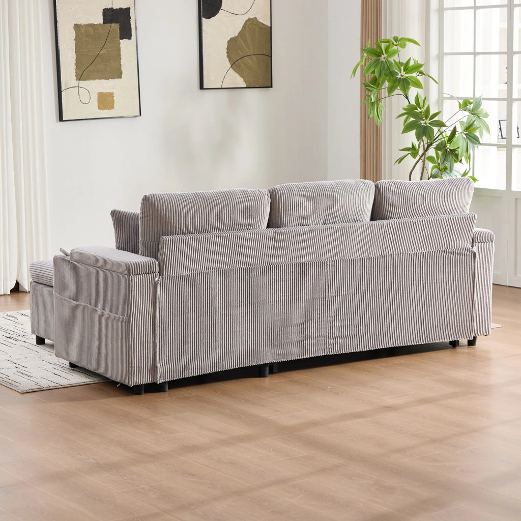 DIVANO 3 POSTI con chaise longue e letto estraibile 212,5x136x86 cm Corduroy Grigio Chiaro con USB-C