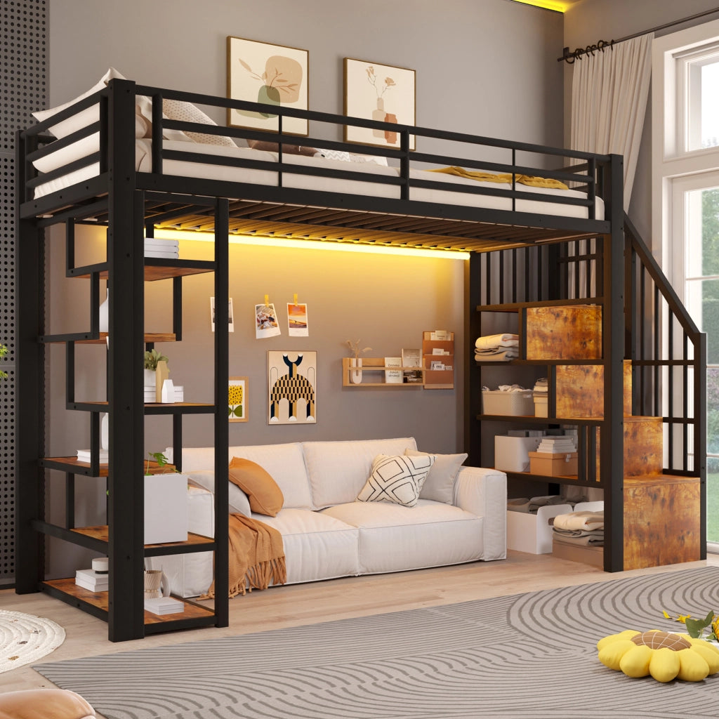 Letto a soppalco 90x200 cm con spazio libero sottostante; LED; ripiano; gradini integrati e parapetto; metallo nero