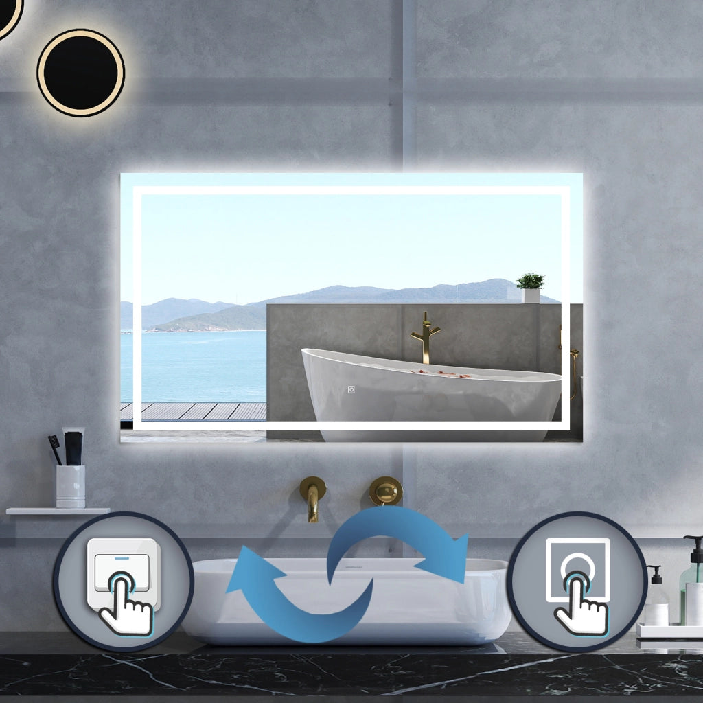 Specchio da bagno Rettangolare con 70x50cm,3 colori,Memoria, Antifog,Regorabile,Retroilluminato,doppio interruttore,
