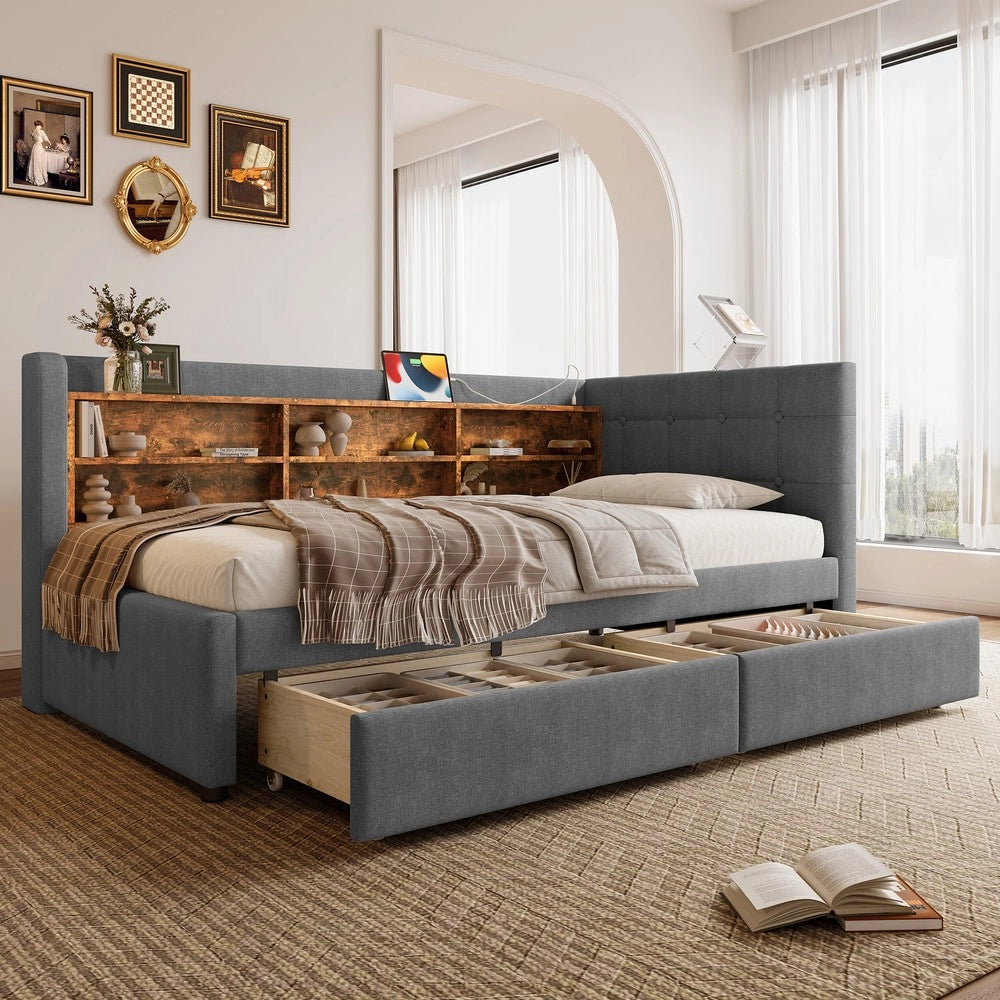 Letto Singolo con Cassetti e Rete a Doghe ¨C MINIMAL ¨C Tessuto Grigio 90x200