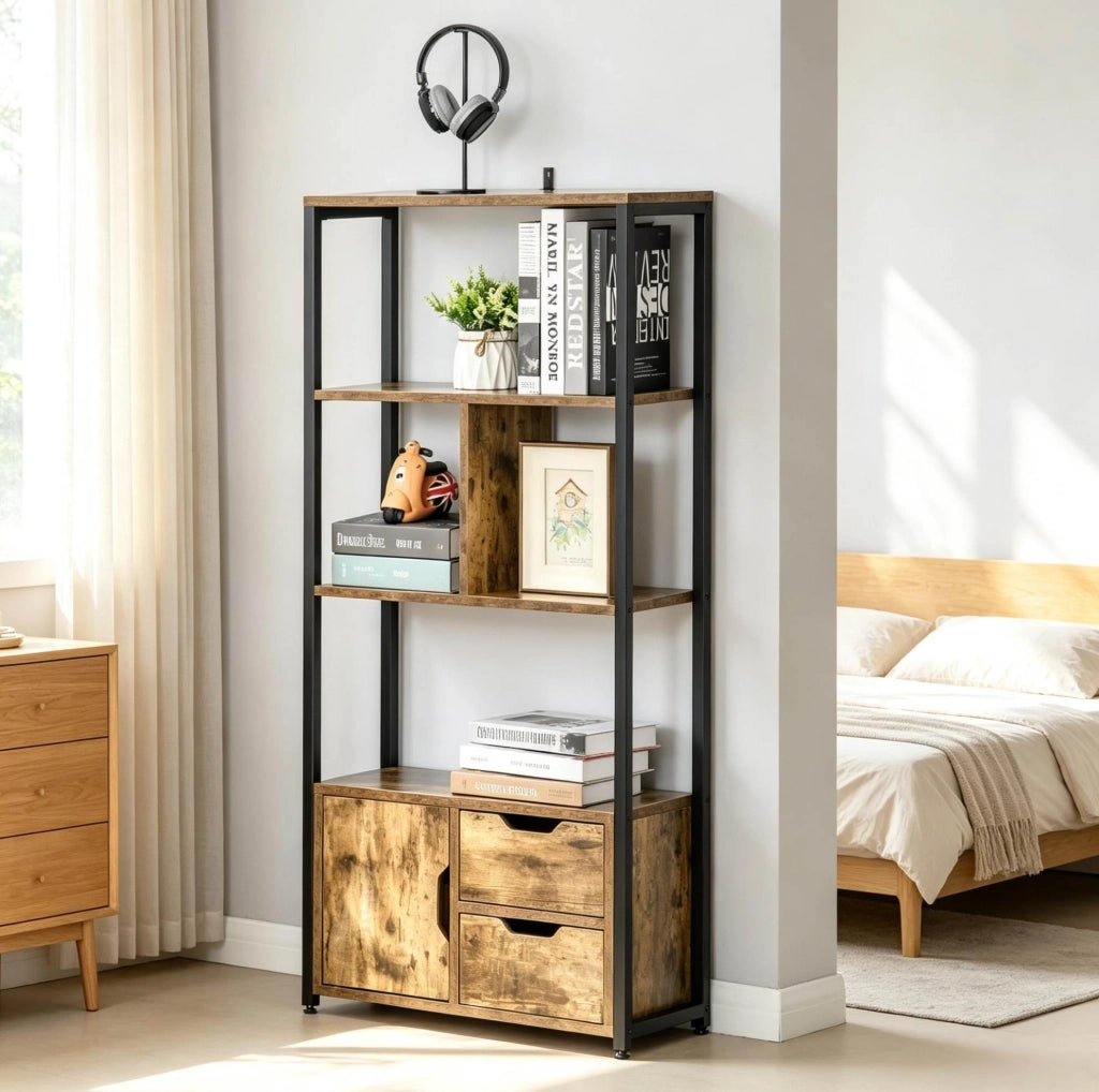 Libreria con Ripiani, Armadietto e Cassetti in Legno e Metallo