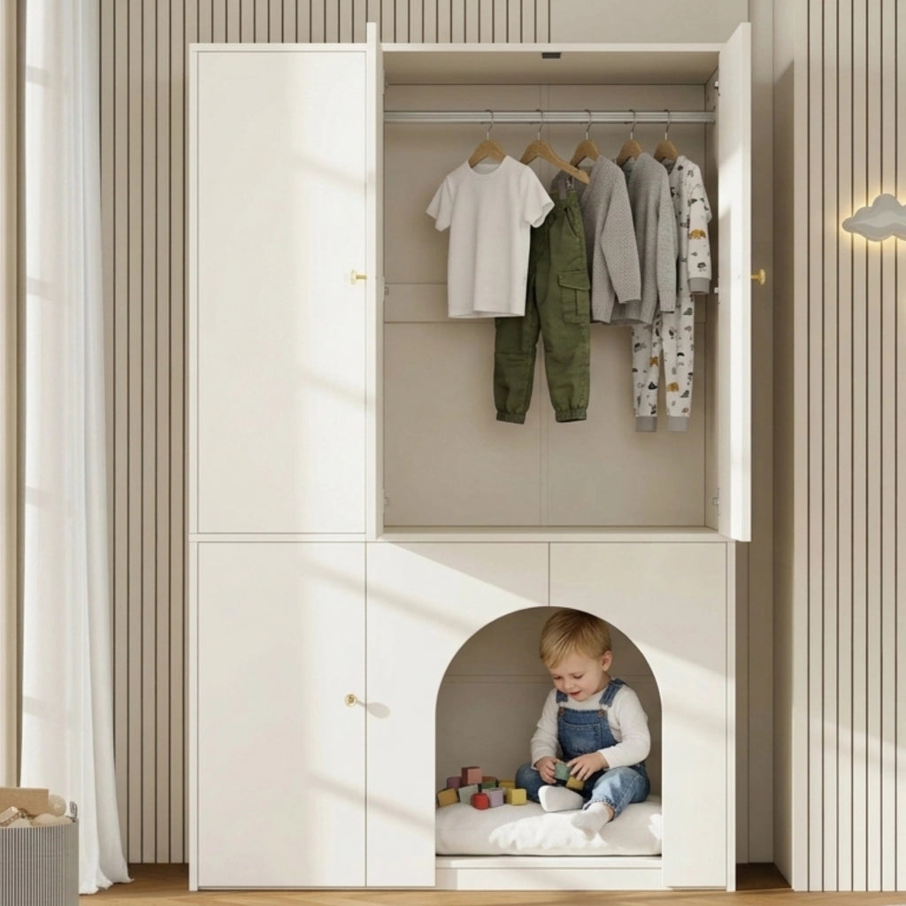Armadio a 3 ante con asta appendiabiti e ripiani nicchia ad arco per camera da letto in MDF bianco 120 × 50 × 200 cm