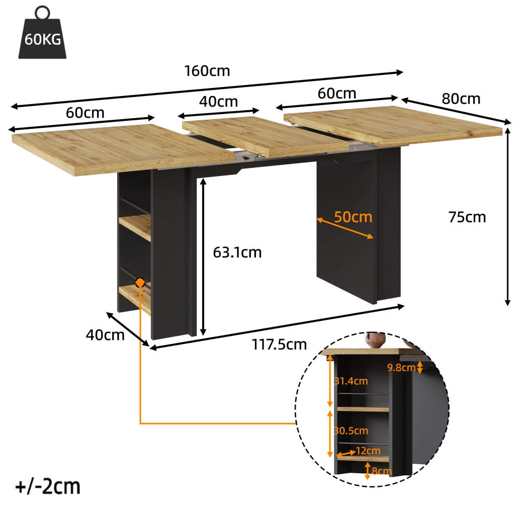 Tavolo allungabile con ripiani e vano contenitore, in MDF effetto legno, per soggiorno e studio, 120-160 × 80 × 75 cm