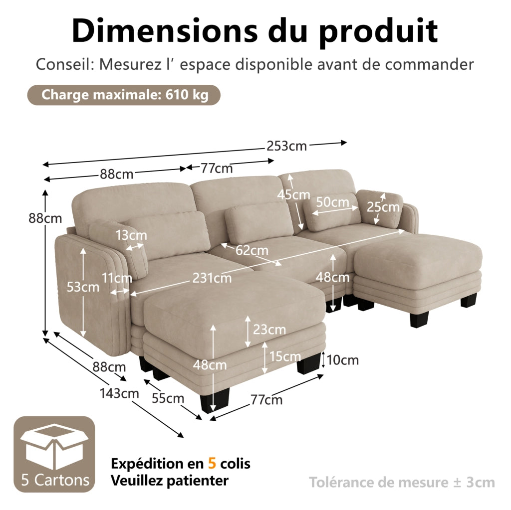 Divano modulare a U 253x143x88 cm con pouf e rivestimento in ciniglia color caff¨¨ chiaro