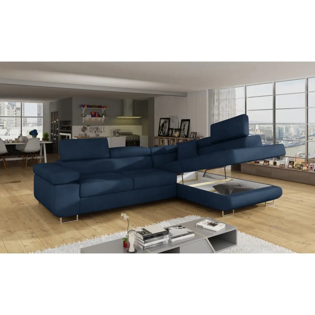 Divano angolare trasformabile MENTON blu scuro bouclé – Angolo destro con baule