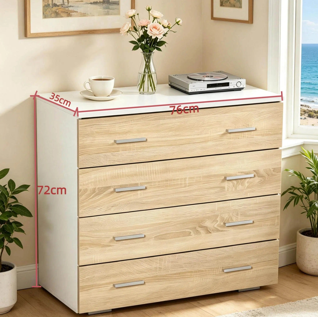Cassettiera 76x35x72 cm bianca e legno chiaro; 4 cassetti con maniglie metalliche