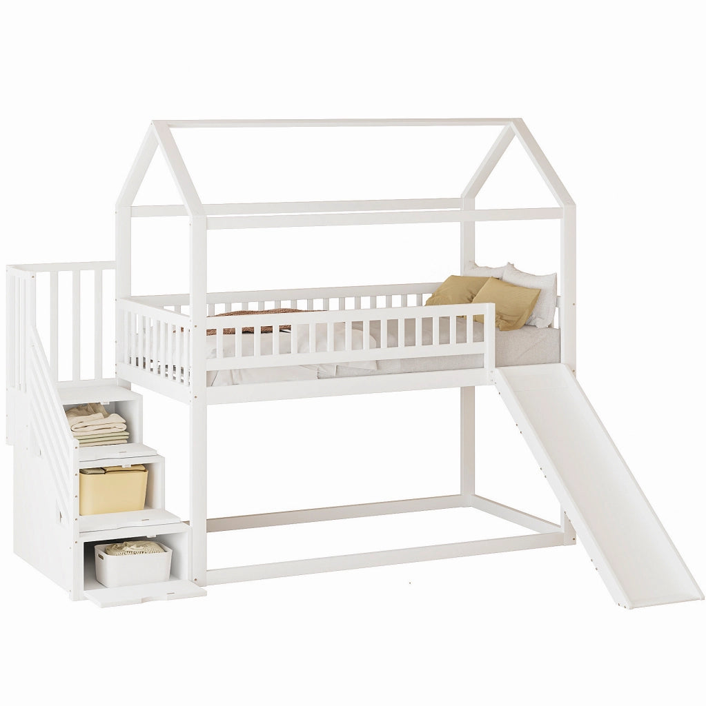 Letto a soppalco per bambini 90x200 cm con scivolo e scala contenitore