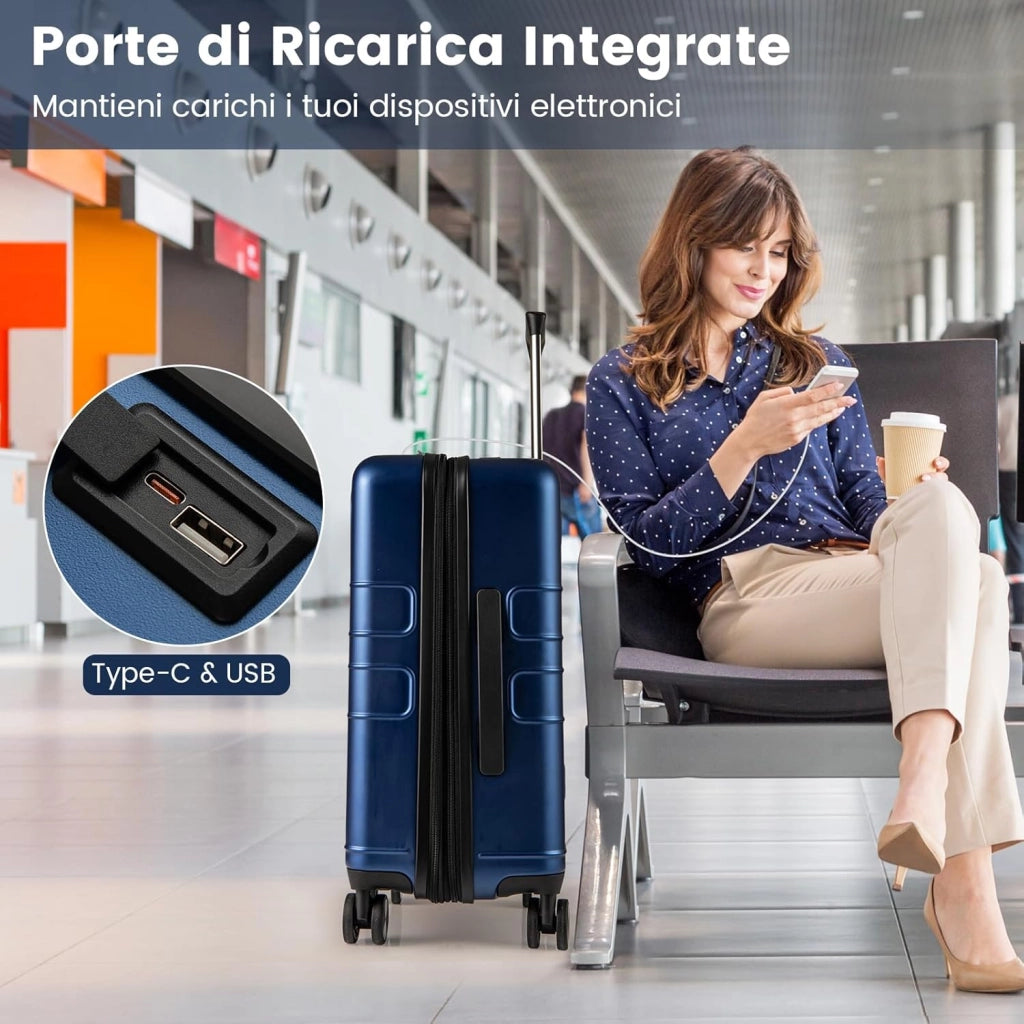Valigia Bagaglio a Mano 20" con Tasca Frontale, Porta USB, Trolley Bagaglio a Mano con Serratura, Ruote Girevoli, Manico Regolabile (Senza Beauty + Blu Scuro)
