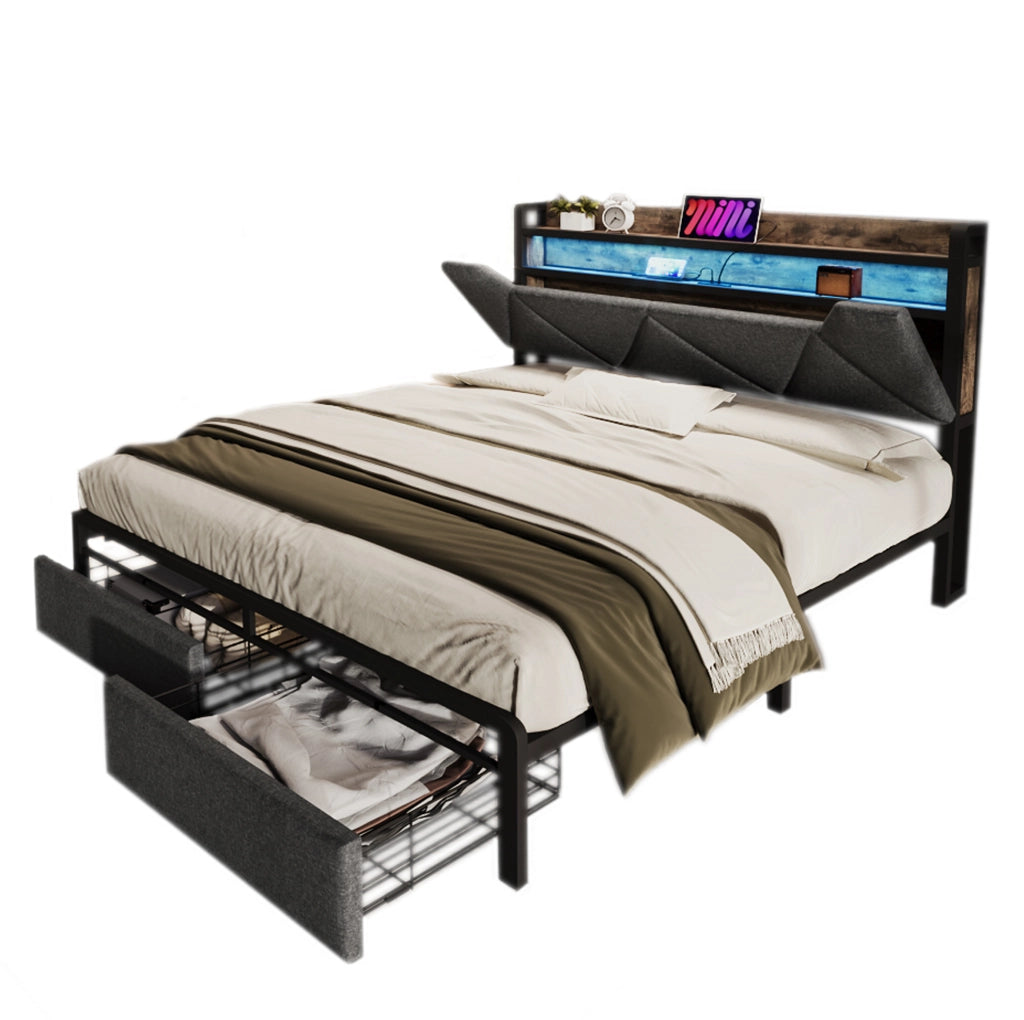 Letto matrimoniale 160x200 cm in lino grigio con LED; USB-C; cassetti e materasso