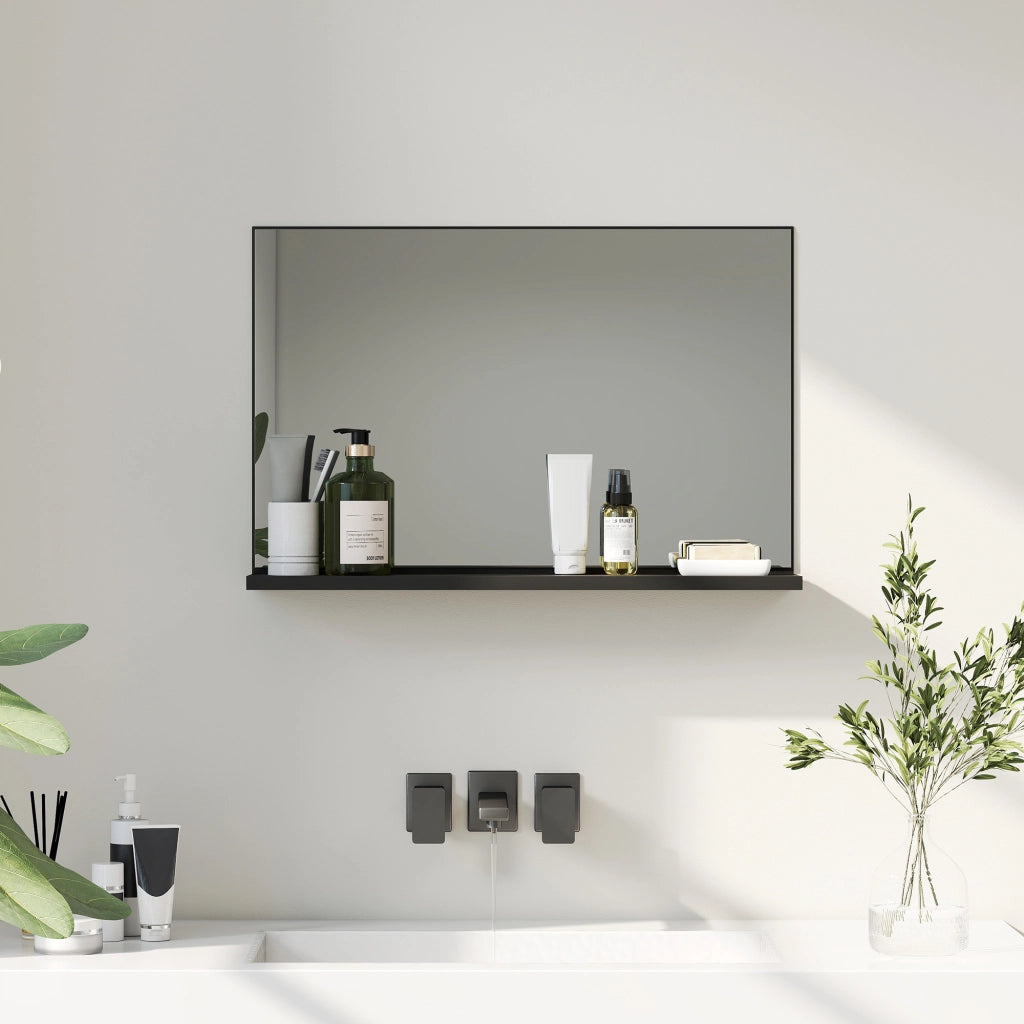 Specchio Bagno da Parete con Mensola Design Moderno e Multiuso, 60x12x40 cm, Nero
