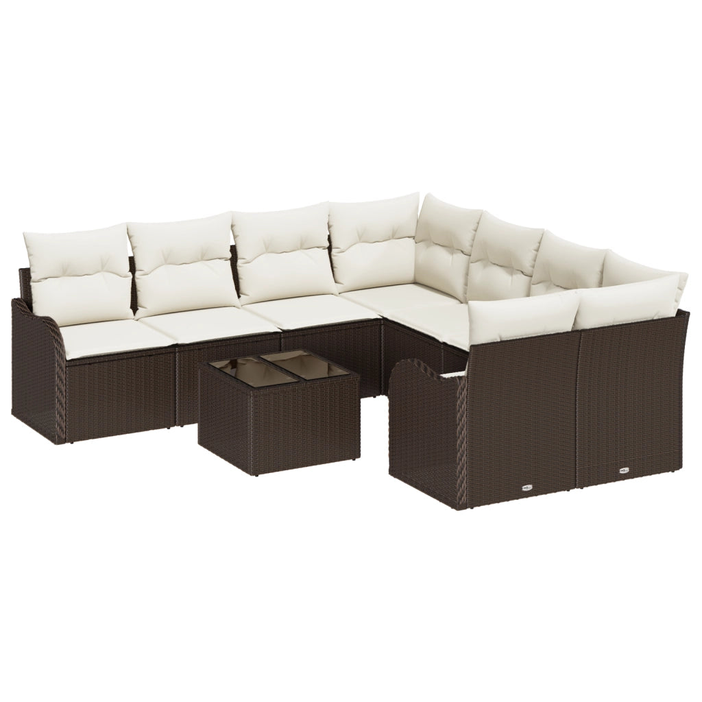 Set di divano da giardino 9 pezzi con cuscini Rattan poliestere marrone