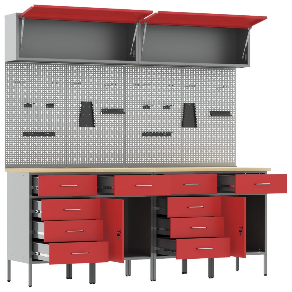 Set di 10 mensole per cabinet in MDF rosso e metallo