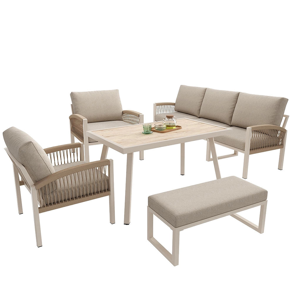 Set da giardino intrecciato a mano per 7 persone - Xylo - Struttura in ferro robusta con cuscini beige e tavolo in vetro effetto legno