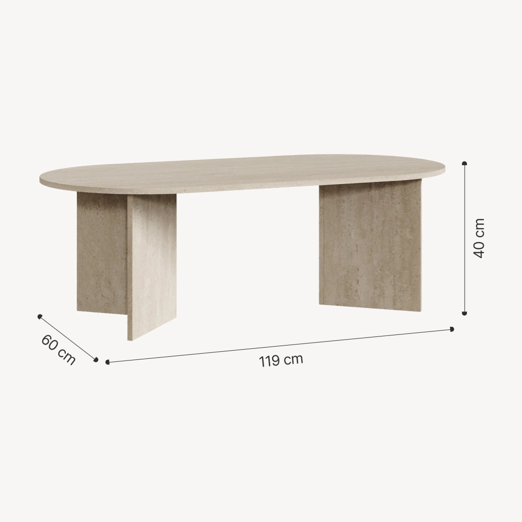 Tavolino da Salotto Kynd con Piano Ovale 119 x 60 x 40 cm - Color Avorio Travertino [en.casa]