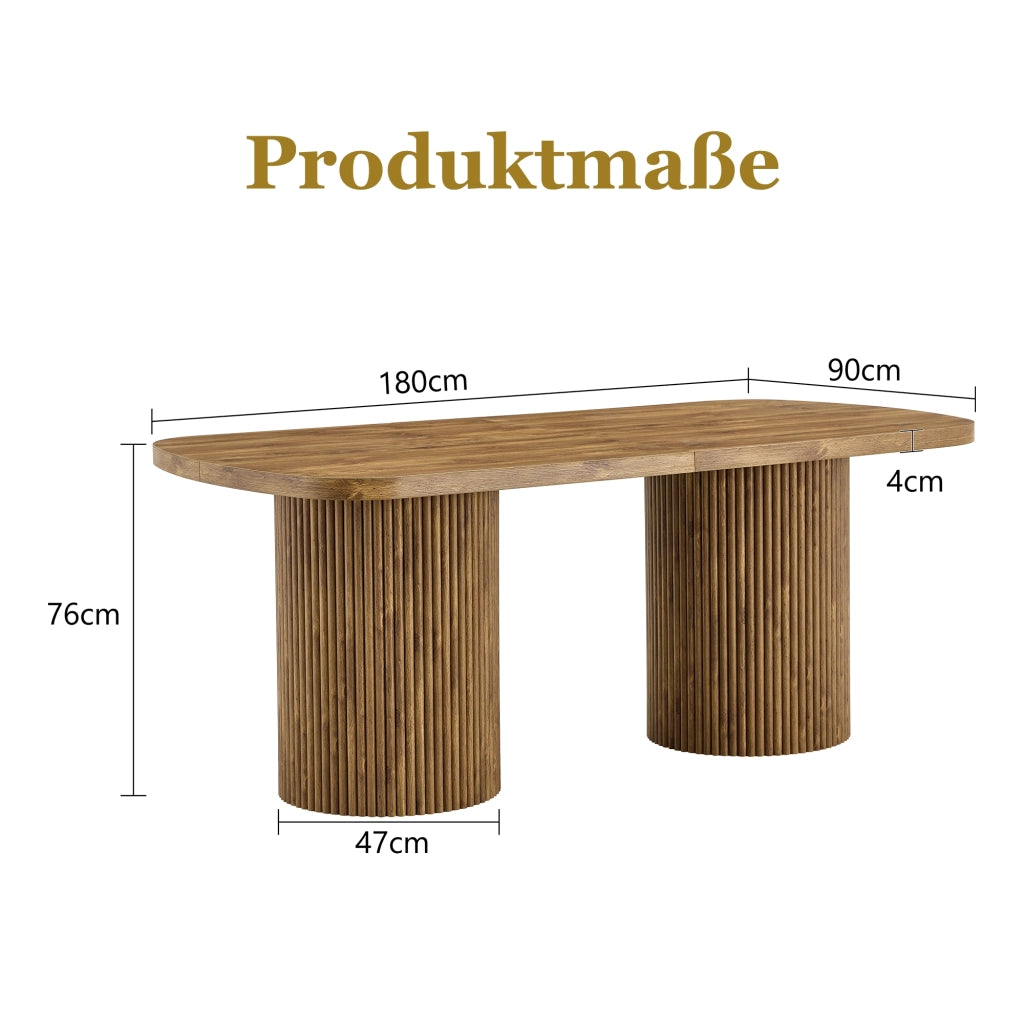 Tavolo da pranzo ovale in MDF con base cilindrica scanalata, stile mid-century, per cucina e sala da pranzo, 180 × 90 × 76 cm