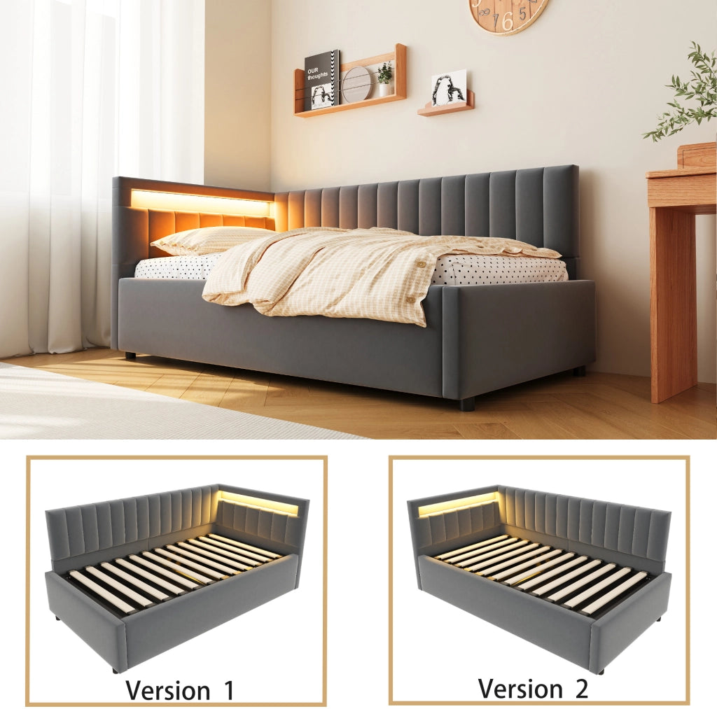 Divano letto imbottito 90x200 cm in velluto grigio con LED e contenitore idraulico