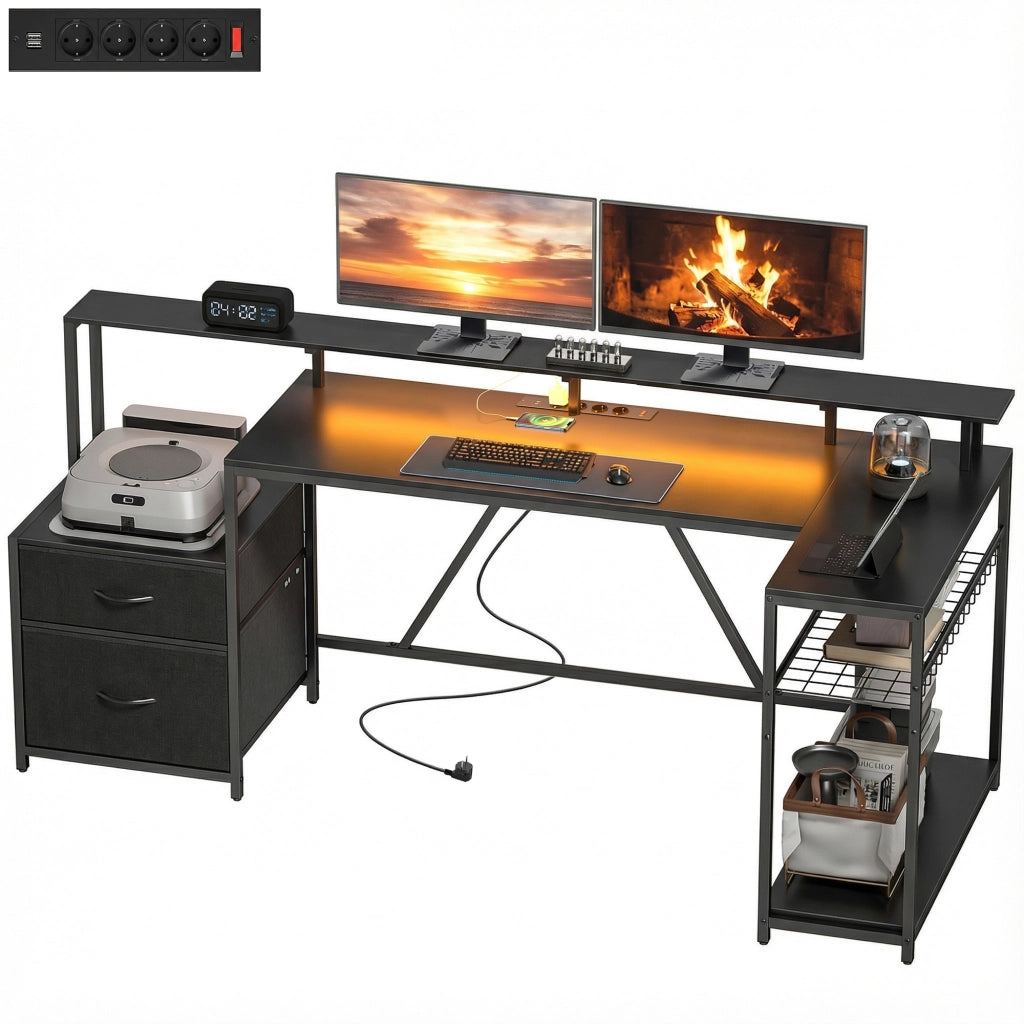 Scrivania Gaming Angolare con Hub Ricarica e LED ¨C Zephmum ¨C Legno e Acciaio Nero 192.5x80x86.5 cm