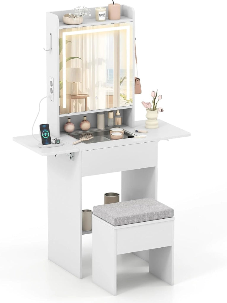 Toeletta Trucco con Luci LED, Tavolo da Trucco con Specchio e Stazione di Ricarica, Postazione Trucco con Cassetto, 2 Piani d'Appoggio a Ribalta, Bianco (Modello 3)