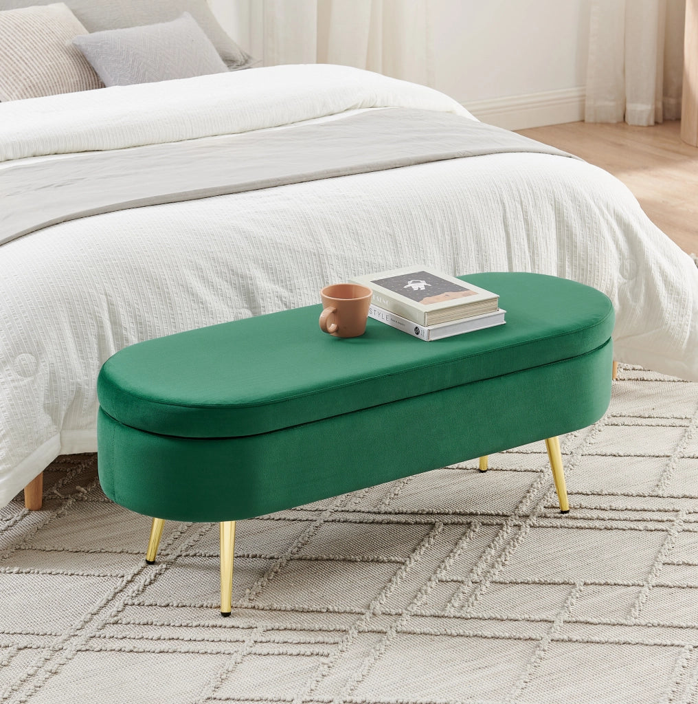 Panca contenitore ovale in velluto verde scuro 110x40x42 cm con base in metallo