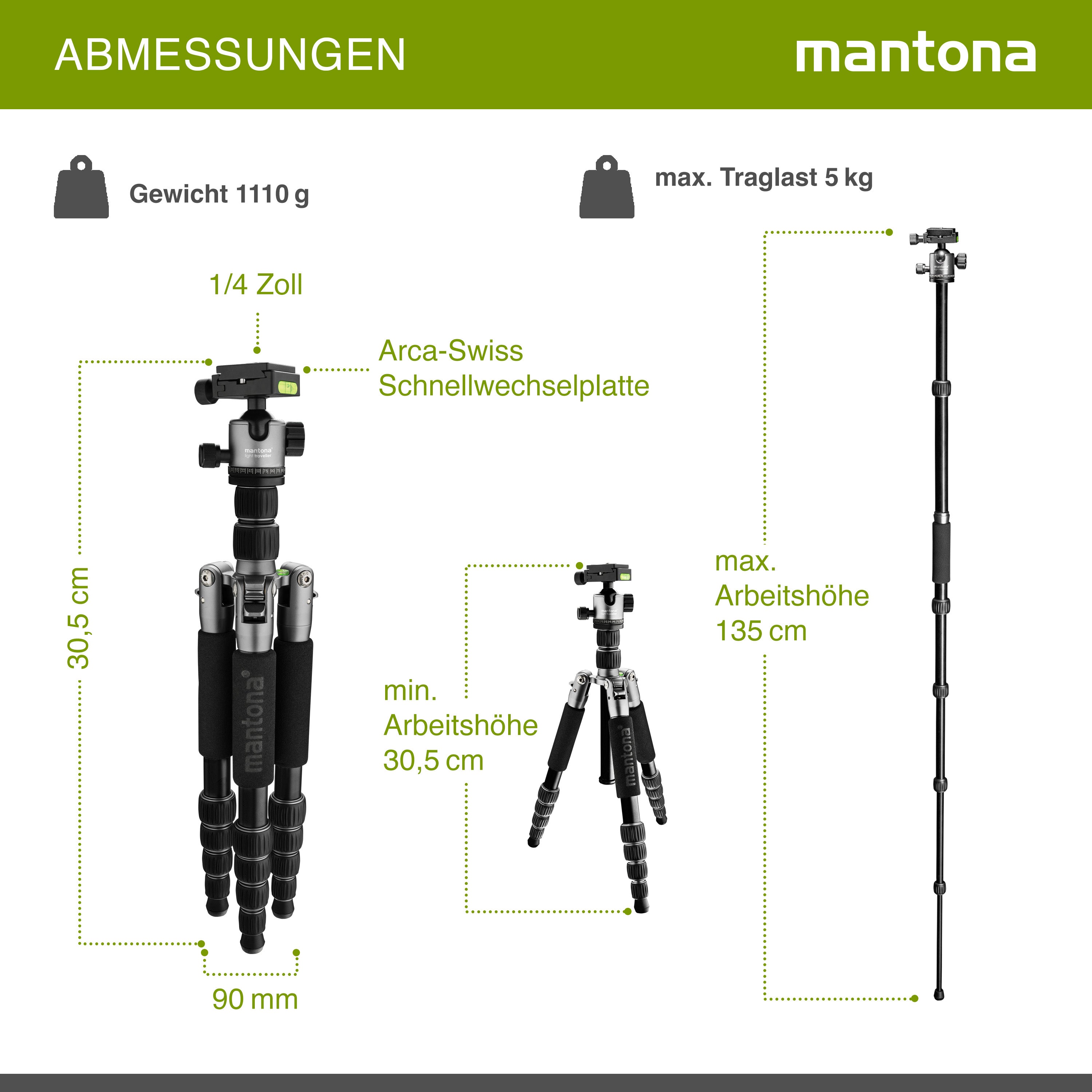 mantona treppiede da viaggio Light Traveller, robusto treppiede in alluminio per fotocamere leggere, testa a sfera + piastra intercambiabile (compatibile con Arca Swiss)